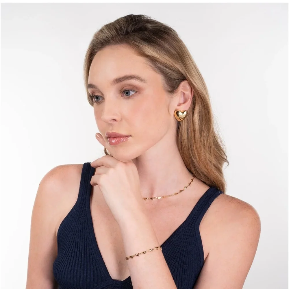 Gold Plated Puffy Heart Stud Earrings – Trendy & Chic - Picture 2 of 5